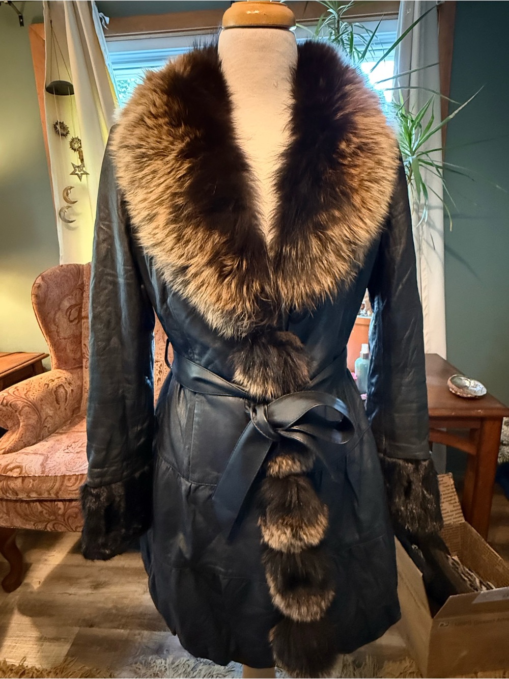 Black Leather Coat with Real Brown Fur Trim - Women's Wrap Jacket